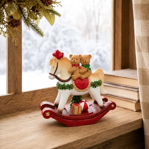Bear Couple Christmas Figurine on Rocking Horse Decor