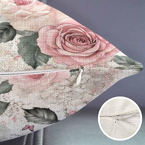 Smooffly Pink Floral Throw Pillow Cover, 12x20" Cotton Linen
