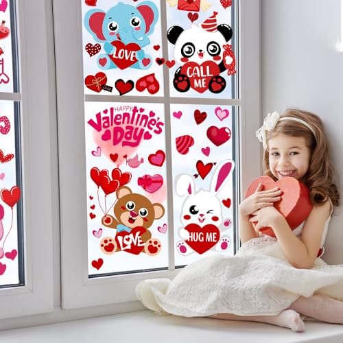 DULEFUN 9 Sheets Valentine's Day Window Clings - Double-Sided Animal Love Hearts