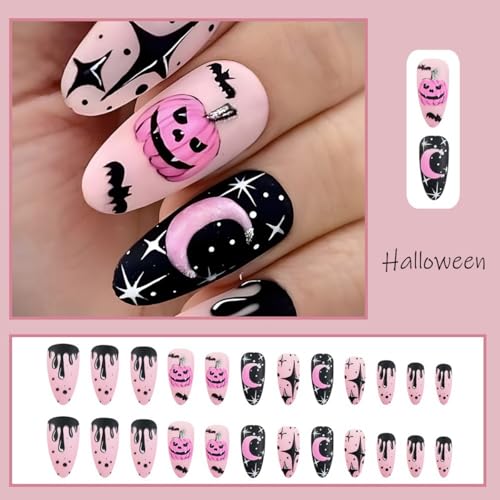 Halloween Press on Nails Medium Almond Fake Nails Matte Pumpkin Star Moon