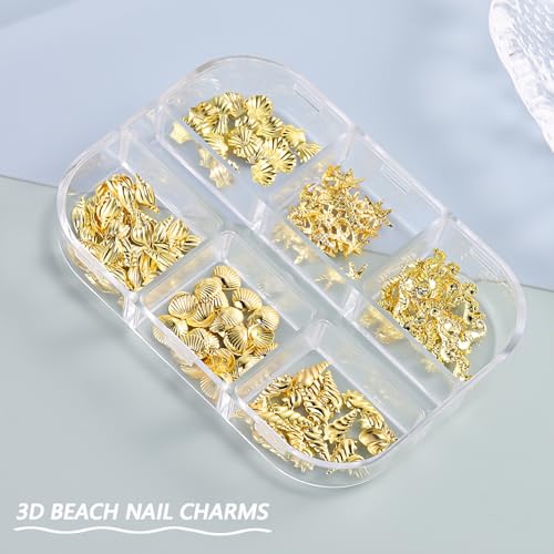 3D Gold Beach Nail Charms - Alloy Starfish & Seashell Ocean Art