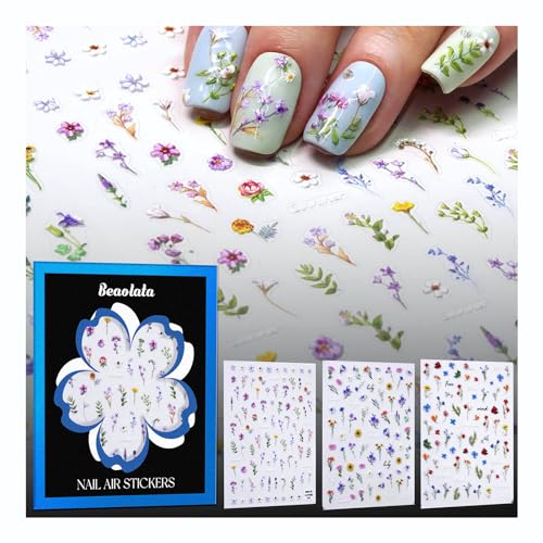 Beaolata 5D Embossed Flower Nail Stickers - Iridescent Floral Decals 3 Sheets
