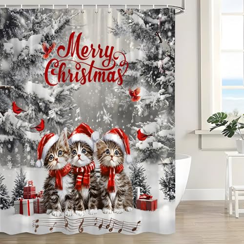 Christmas Cat Shower Curtain 70x70 Inches Snowflake Scene Pine Tree Holiday Fabric Bathroom Decor with Hooks