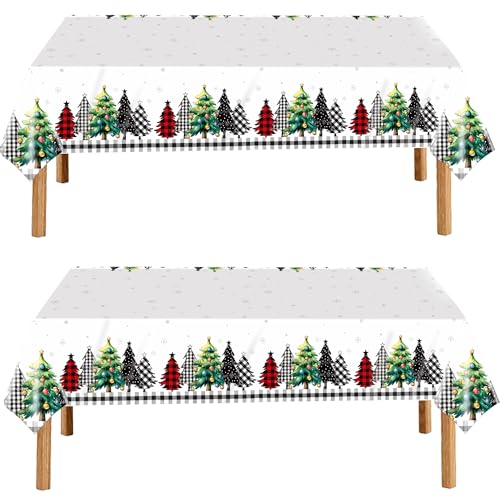 Christmas Disposable Plastic Tablecloth 54x108 Inch - Tree Pattern, 2 Pack