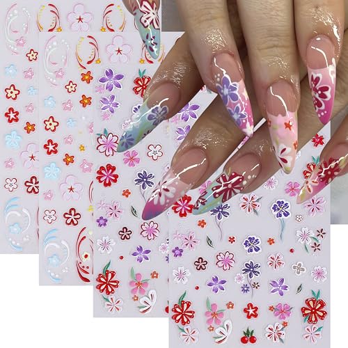 5D Embossed Flower Nail Art Stickers - Summer Daisy & Tropical Decals (4 Sheets)