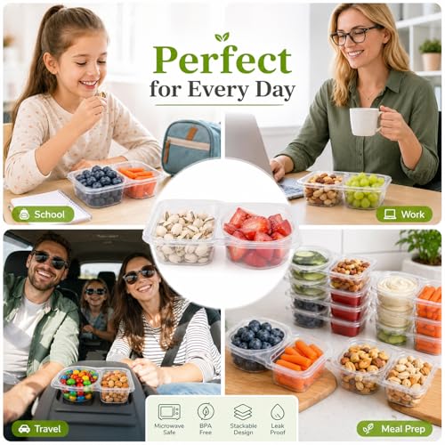 Reusable Snack Pack Containers with Lids - 2 Compartment Mini Sauce Boxes