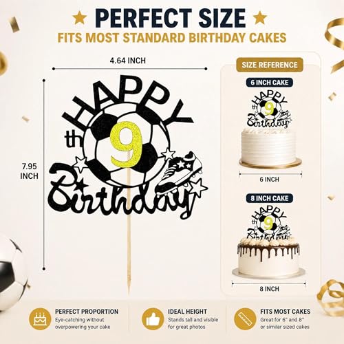 Black Glitter Soccer Happy 9th Birthday Cake Topper