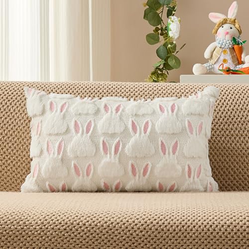 Easter Pillow Cover 12x20 Inch Soft Plush White Rabbit Design