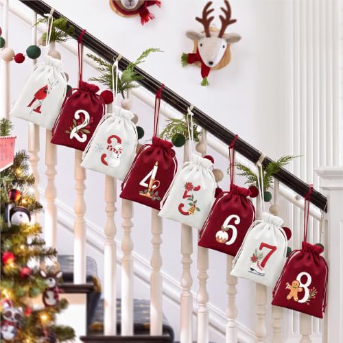 Christmas Advent Calendar Bags - Red & White, 24 Count Holiday Countdown Decor