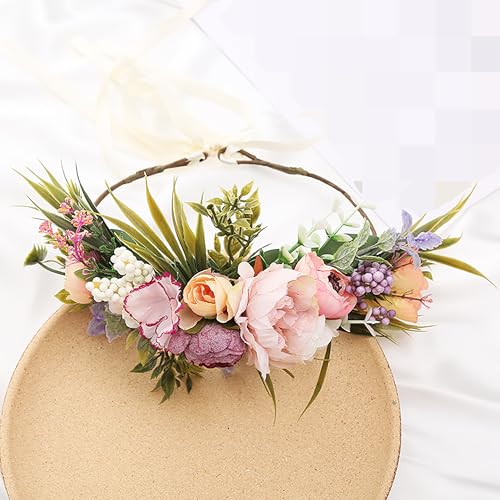 Floral Crown Rose Headband Adjustable Flower Halo for Wedding Party