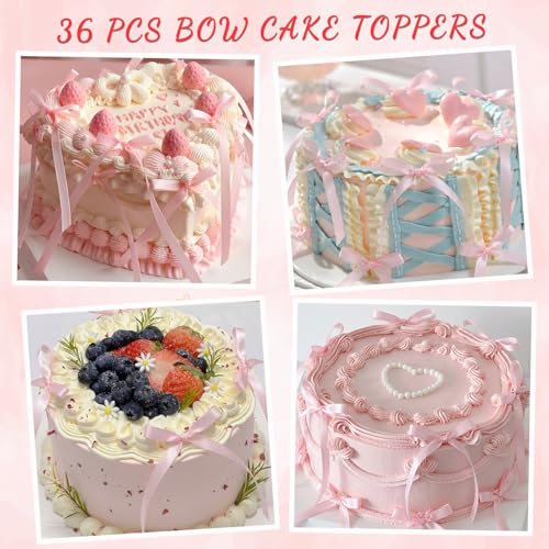 36 PCS Pink Bow Cake Toppers, Coquette Style Ribbon Cupcake Decorations