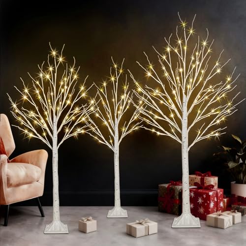 3 Pack Lighted Birch Tree Lights 4/5/6FT - Warm White LED Artificial Trees
