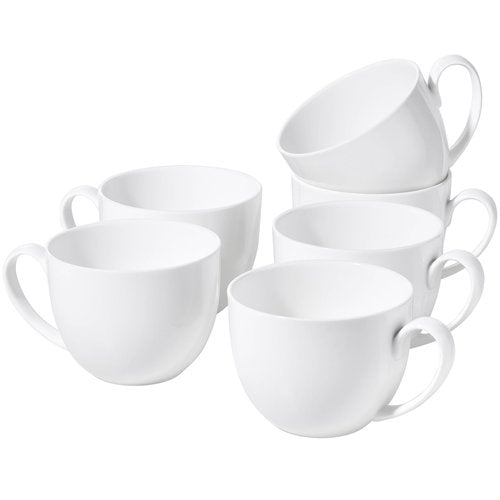 White Large Bone China Coffee Mugs Set of 6, 22 OZ Over 45% Bone China Content Oversized Porcelain Mugs for Cereal, Lightweight Soup Cups with Handles for Salad Tea, Hot Chocolate Cocoa Modern Design