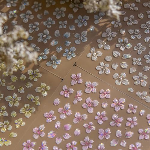 5D Embossed Flower Nail Art Stickers - 4 Sheets Spring Floral Decals