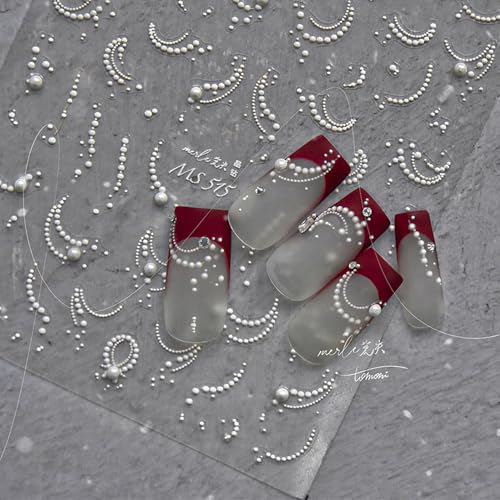 Lukmexor 5D Embossed White Pearl Chain Nail Art Stickers & Crystals