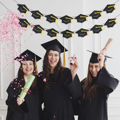 Black and Gold Graduation Banner - Pre-Strung Cap Garland for Class of 2026