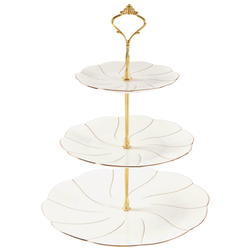 DUJUST Luxury Larger 3-Tier Cupcake Stand Tower, British Style Porcelain Serving Tray with Golden Trim, Food Grade Dessert Display Stand for Tea Party & Home Décor - 45% Larger Plates