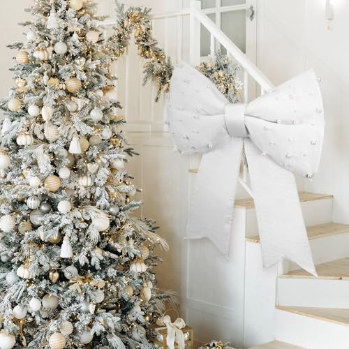 White Christmas Giant Bow with Pearl Satin Decoration for Tree Front Door Holiday Party Outdoor Decor - 24 Inch