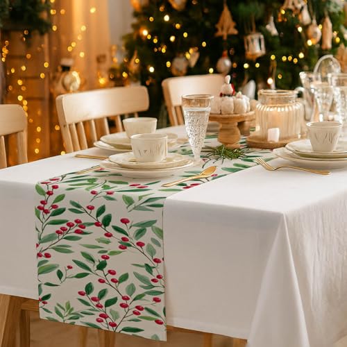 Farmhouse Christmas Table Runner Green Leaves & Berries Decor 13x72 Inches - Burlap