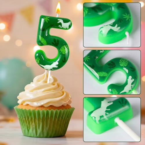 Number 5 Dinosaur Birthday Candle - Green Jungle Theme Cake Topper