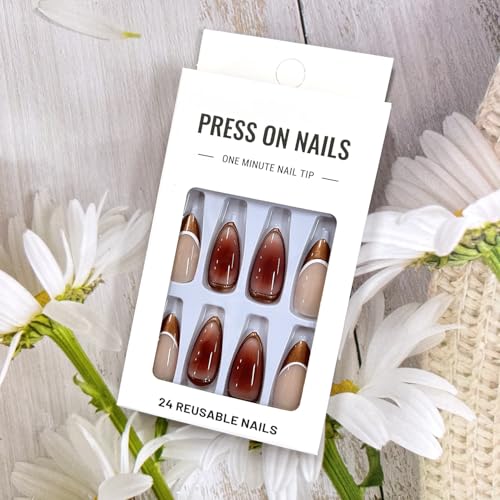 Brown French Almond Press On Nails Medium Acrylic False Nails Kit