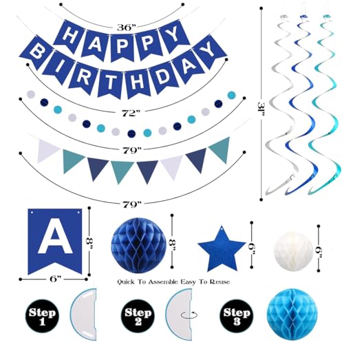 Blue Happy Birthday Decoration Set with Banner, Honeycomb Balls & Swirls
