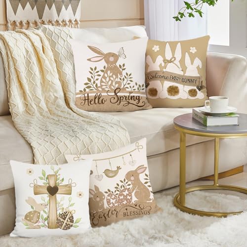 Bonhause Easter Bunny & Egg Throw Pillow Covers 18x18 Inches Set of 4 - Soft Velvet Home Decor