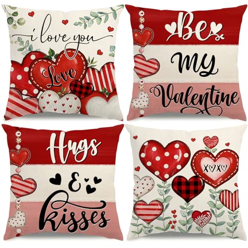 Valentine's Day Pillow Covers Set of 4 - Heart & Flower Design