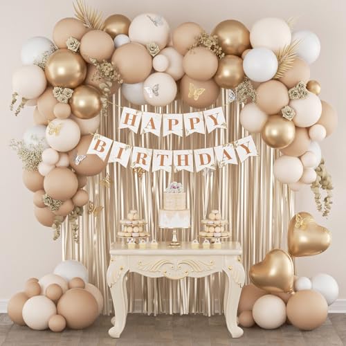 Boho Birthday Decorations Set with Gold Foil Balloons & Banner