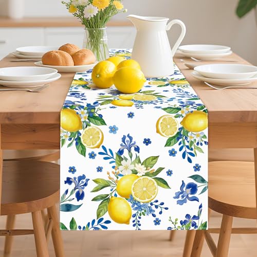 Lemon & Blue Floral Table Runner | 72 x 13 in | Machine Washable