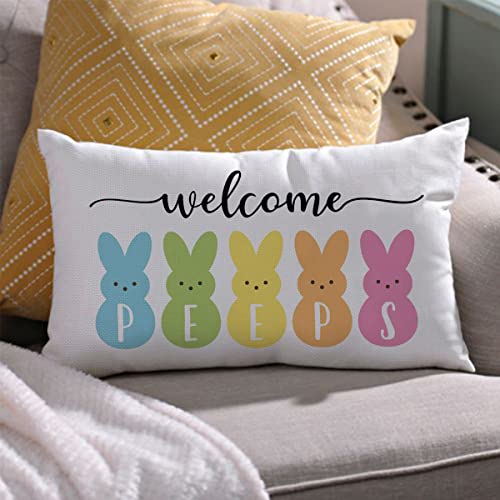 Easter Bunny Lumbar Pillow Cover 12x20 - Decorative Linen Throw Case A-26