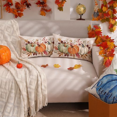 DFXSZ 12x20 Inch Fall Pumpkin & Maple Leaf Lumbar Pillow Cover - Orange, Green, White, Polyester, Thanksgiving Home Decor Pack of 1