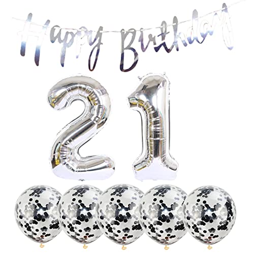 Silver 21st Birthday Party Decoration Kit with Banner and Balloons