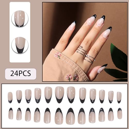 Black French Tip Almond Press On Nails with Pearl Design 24 Pcs