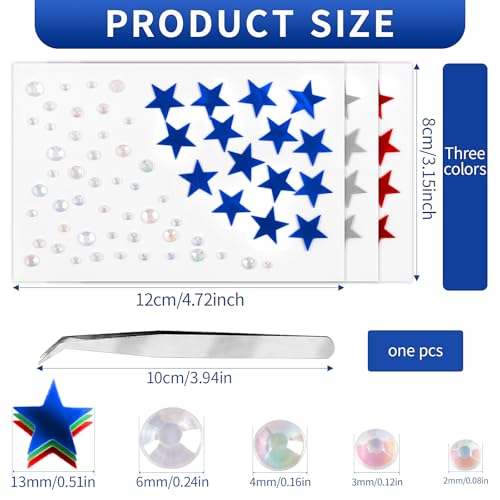 Star Face Gems Stickers - 3 Sheets Red, Silver & Blue Rhinestones for Makeup, Festivals and Parties