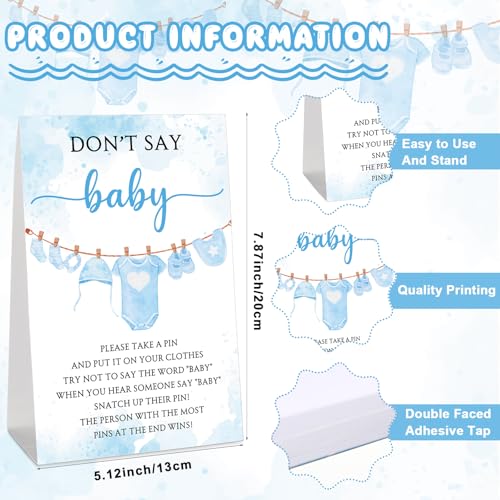 Cinnvoice 51 Pcs Don't Say Baby Game Sign & Blue Clothespins for Baby Shower Party