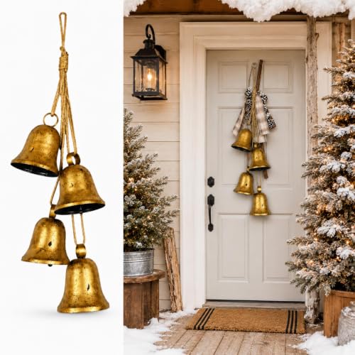 Vintage Gold Christmas Bell Cascade with Rustic Rope - Brass Variation