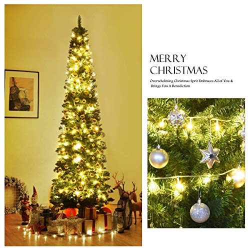 9ft Artificial Pencil Christmas Tree - Premium Hinged Pine with Solid Metal Legs - Green