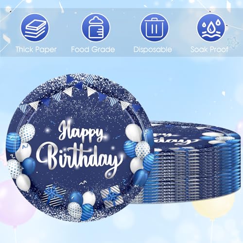 20pcs Blue and Silver Happy Birthday Paper Plates, 9 Inch Disposable Plates