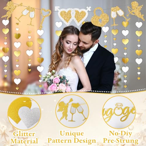 Gold Glitter Happy Engagement Banner with Heart Garland