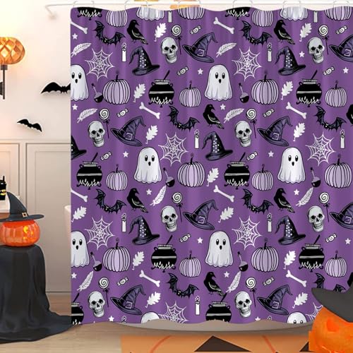 Purple Halloween Shower Curtain 70" x 70" with Ghosts & Skulls
