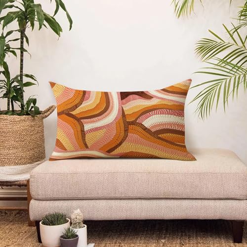 Boho Abstract Wave Lumbar Pillow Cover 12x20 - Orange Cotton Linen