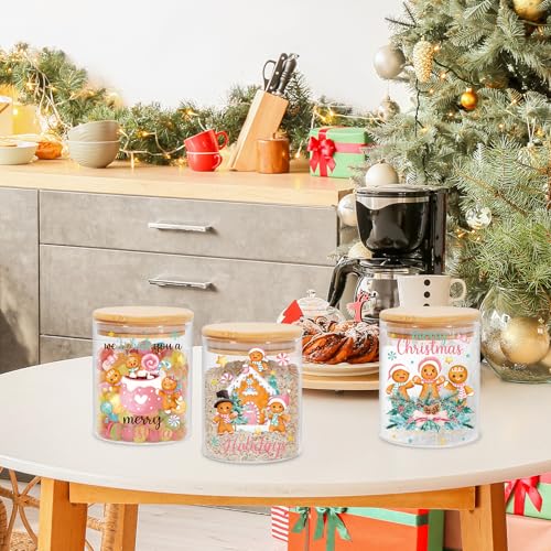 Christmas Glass Storage Jars with Airtight Lids - Pink & Green Gingerbread Canisters Set
