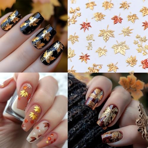 5D Embossed Autumn Maple Leaves Nail Stickers Gold Thanksgiving Decals