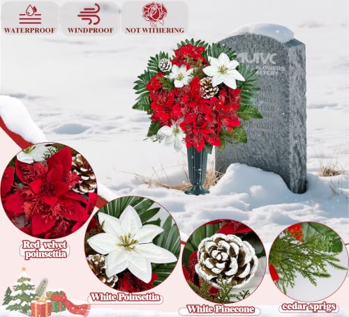 Artificial Christmas Cemetery Flowers Poinsettia & Pinecone Grave Decoration
