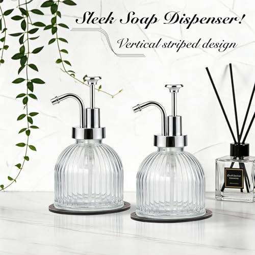 SheeChung 8oz Striped Glass Soap Dispenser with Silver Pump, Clear