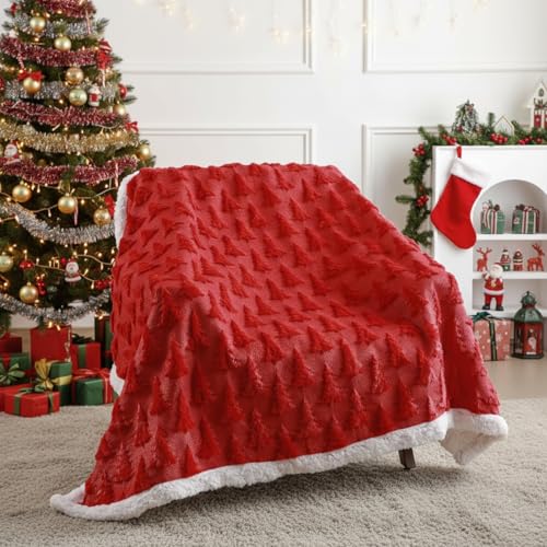 Remagr Christmas Sherpa Throw Blanket 50x60 Inches with 3D Xmas Tree - Red Variation