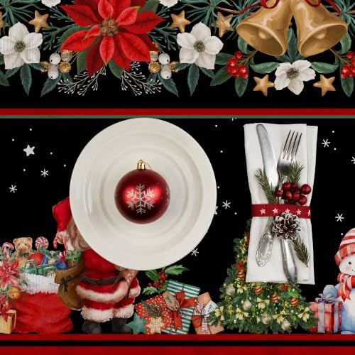 Christmas Tablecloth 60x84 Inch Oval Santa Snowman Poinsettia Vintage Polyester