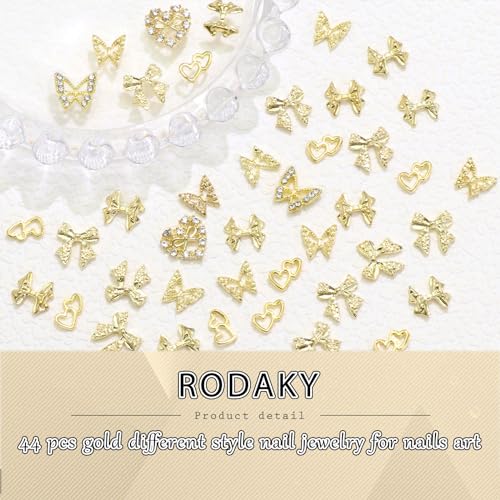 RODAKY 44PCS Gold Nail Charms 3D Bow Butterfly Metal Gems