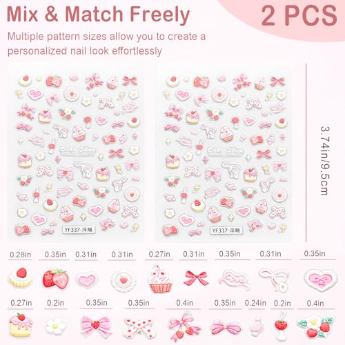 3D Embossed Pink Nail Art Stickers - Cute Cake, Strawberry & Bow Decals